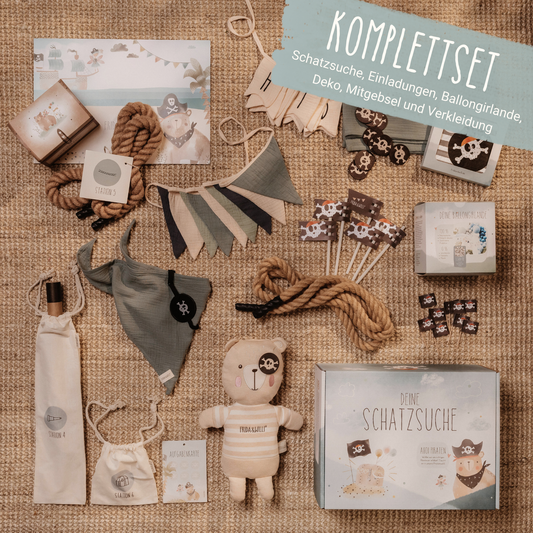 Kindergeburtstag Pirat Komplettset Spiele Schatzsuche Dekoration Luftballons Wimpelketten aus Bio-Musselin Happy Birthday Girlande Geburtstagsgirlande