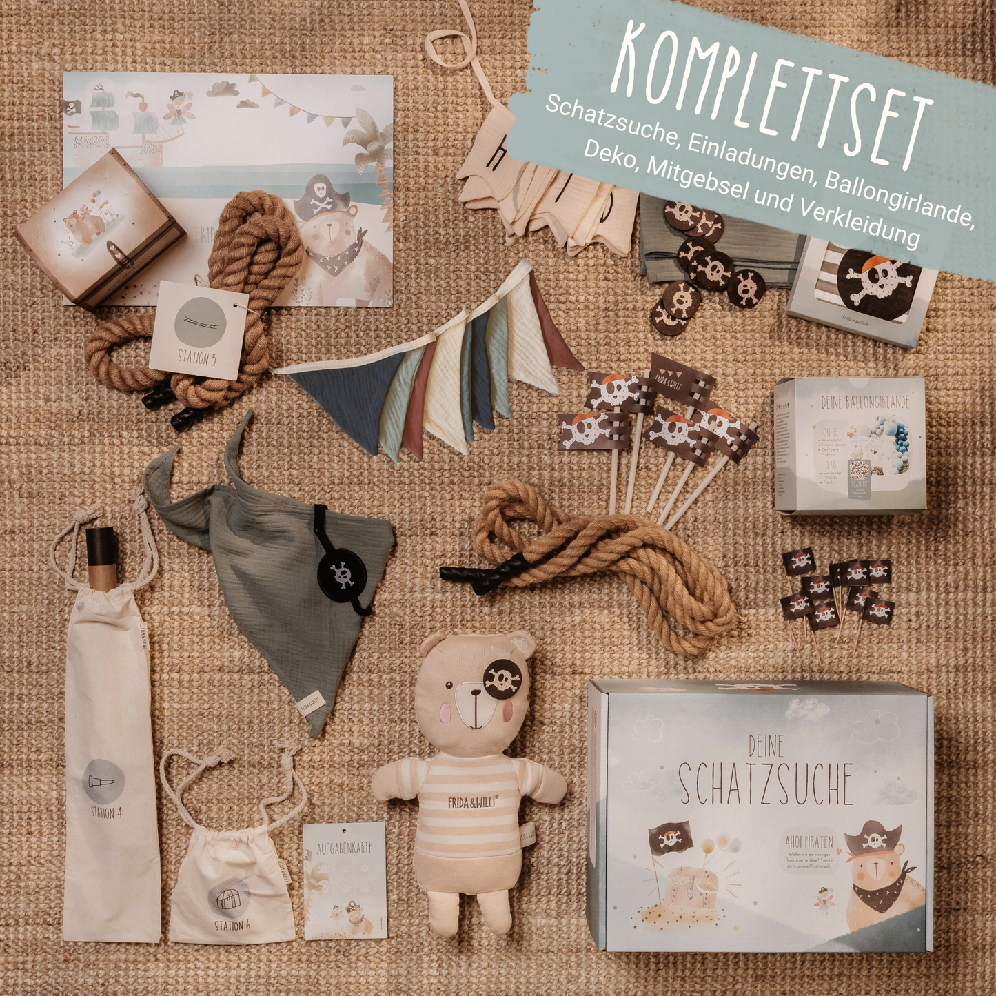 Materialien des Komplettsets zum Kindergeburtstag Motto Pirat mit Schatzsuche Wimpelkette Ballongirlande Servietten Mitgebseln