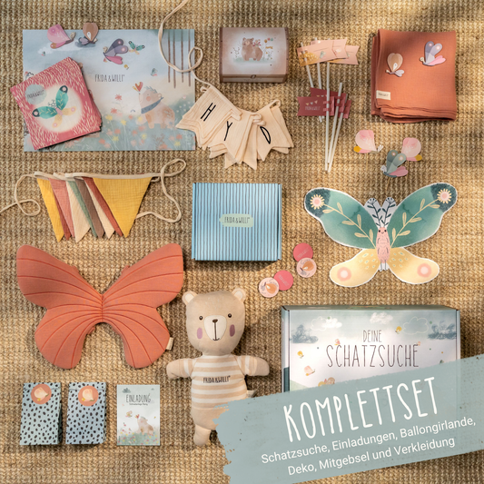 Materialien des Komplettsets zum Kindergeburtstag Motto Schmetterling mit Schatzsuche Wimpelkette Ballongirlande Servietten Mitgebseln
