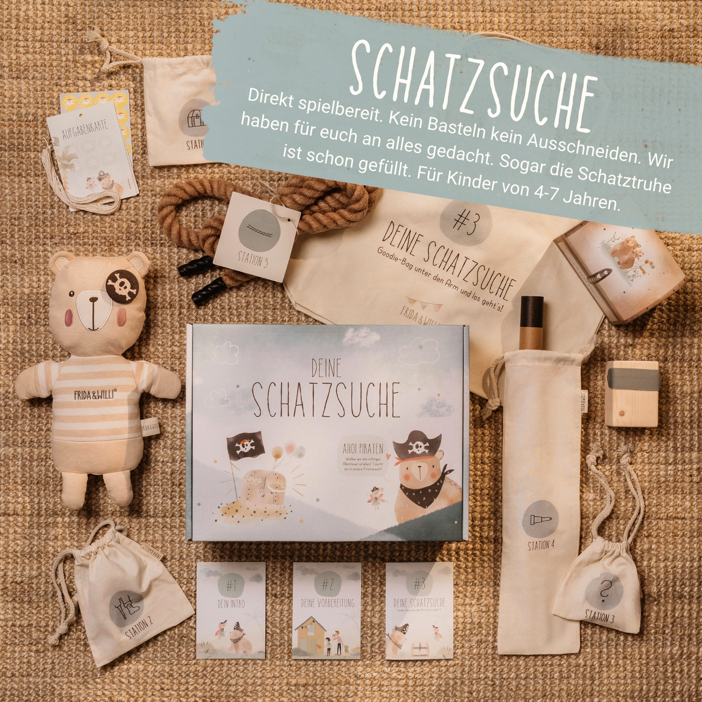 Schatzsuche Pirat Komplettset zum kaufen direkt spielbereit mit Handpuppe und Schatztruhe
