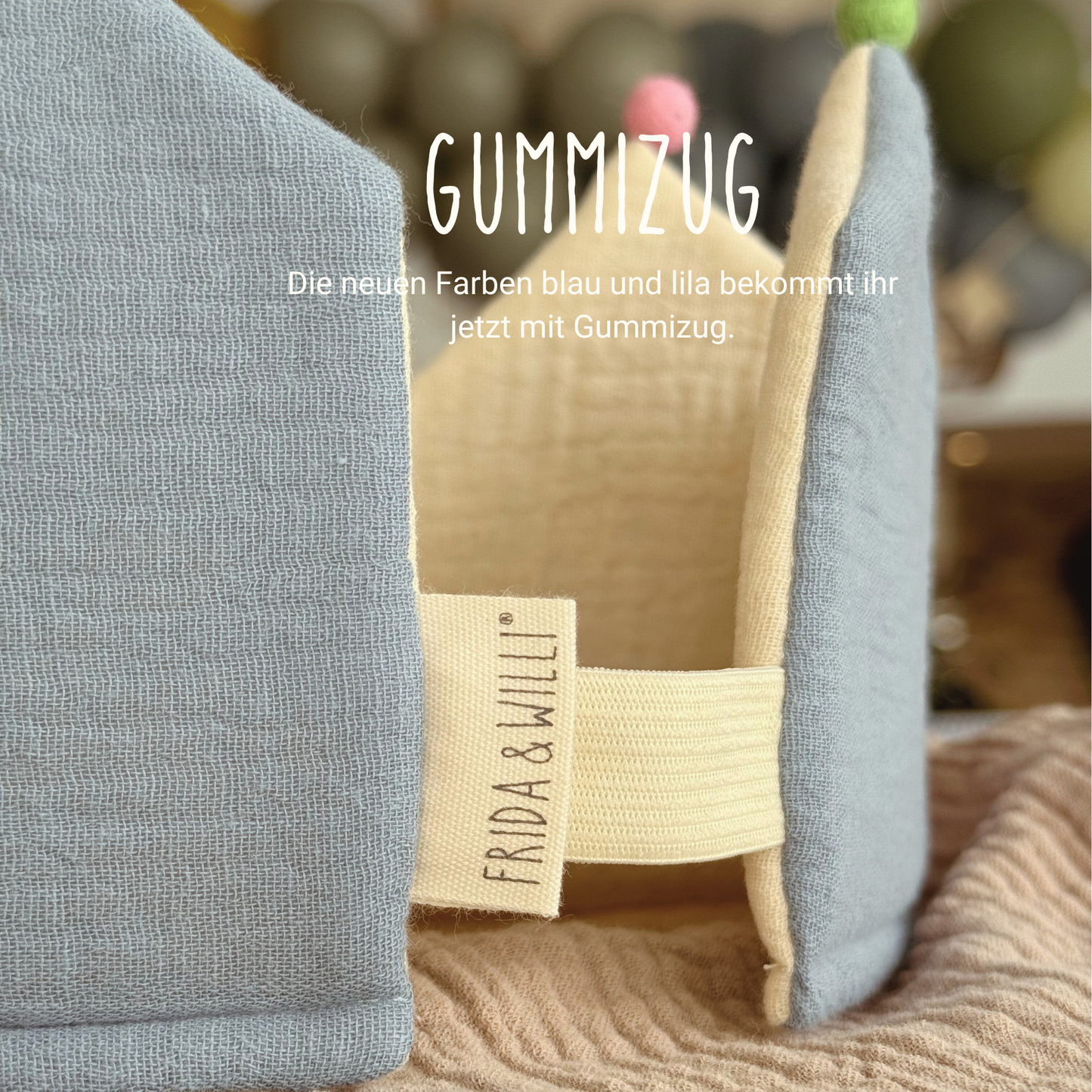 Geburtstagskrone lila blau rosa gelb grün eukalyptus Bio-Baumwolle musselin mit Holzzahlen von 1 - 9 Kindergeburtstag Bommel aus Wolle Stoffkrone