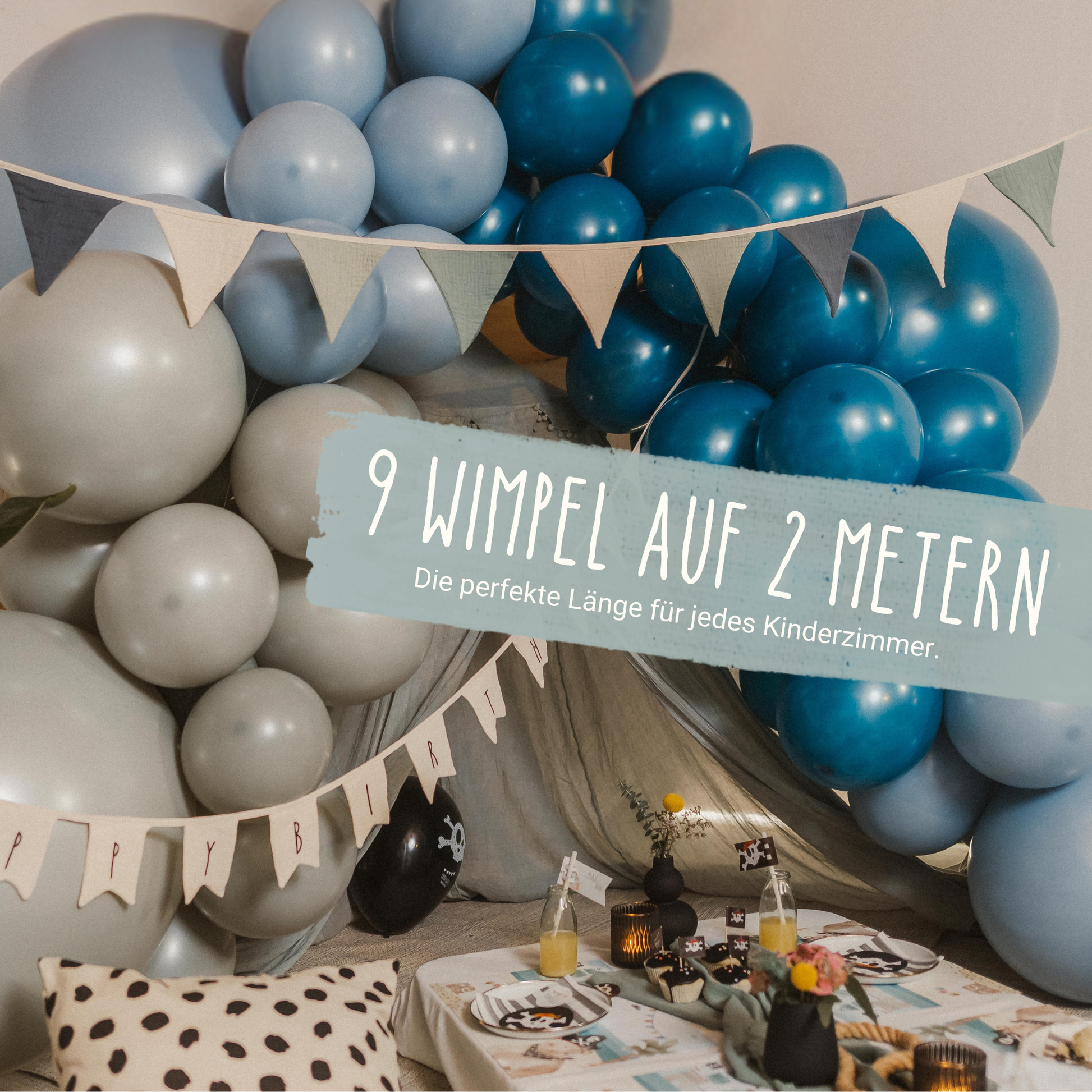 Wimpelkette Girlande Geburtstagsgirlande blau bio-Baumwolle Musselin nachhaltig weich groß lang Kindergeburtstag Pirat