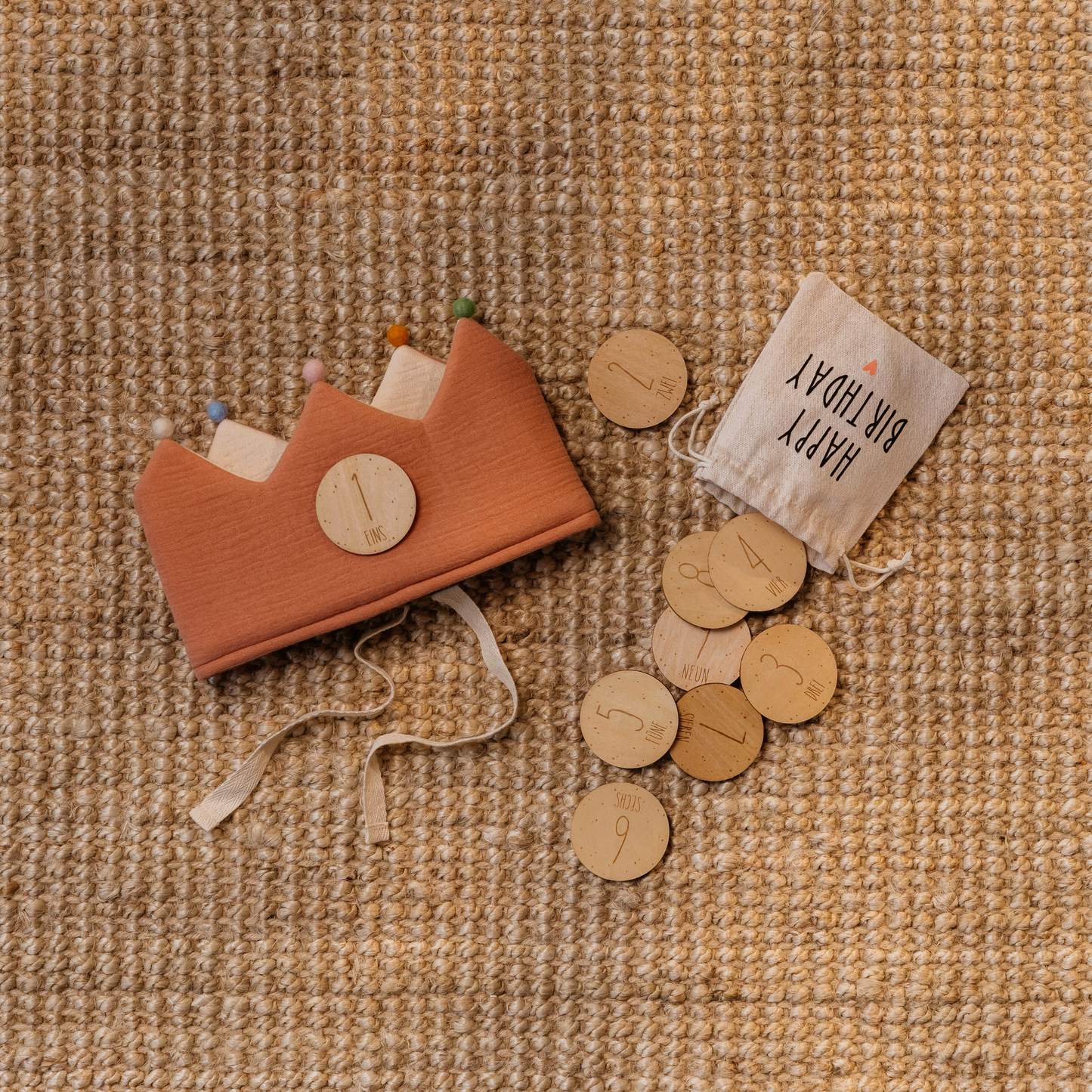 Krone Stoff Band Holzzahlen 1-9 Musselin Geburtstagskrone