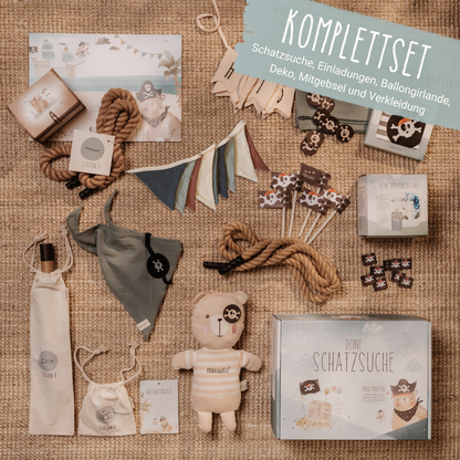 Materialien des Komplettsets zum Kindergeburtstag Motto Pirat mit Schatzsuche Wimpelkette Ballongirlande Servietten Mitgebseln