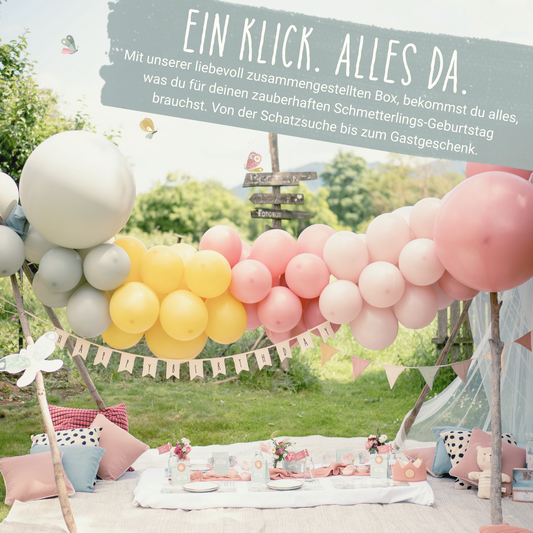 Kindergeburtstag in der Natur mit dem Motto Schmetterling rosane Ballongirlande Happy Birthday Wimpelketten Tischdekoration Mitgebseln Schatzsuche