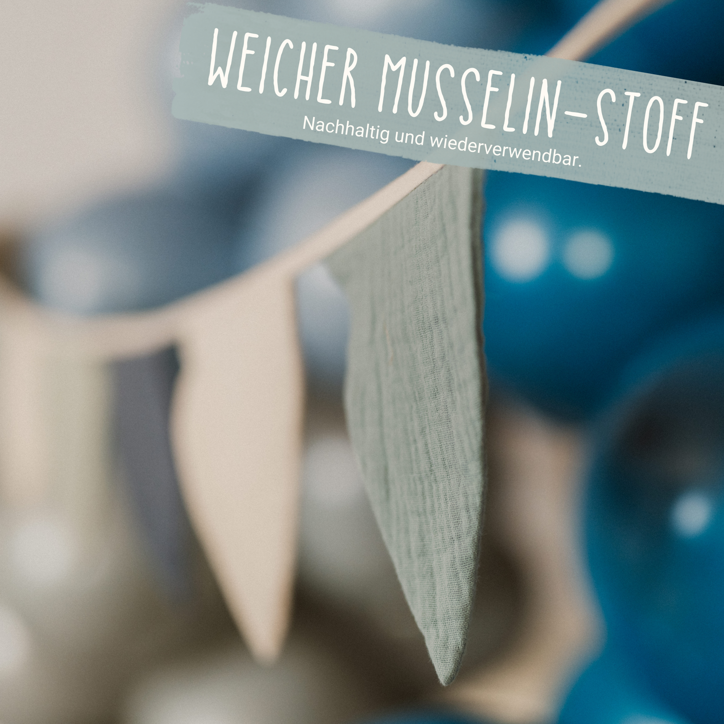 Wimpelkette Girlande Geburtstagsgirlande eukalyptus seige eucalyptus blau bio-Baumwolle Musselin nachhaltig weich groß lang Kindergeburtstag Pirat