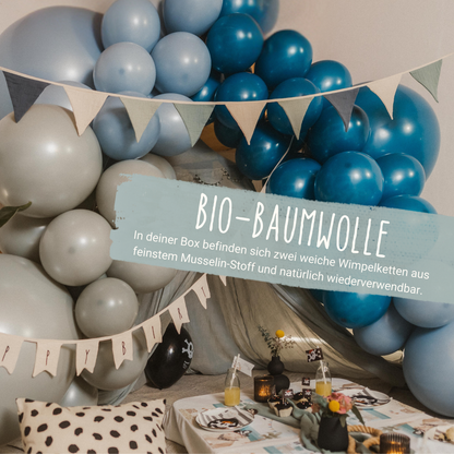 Wimpelketten aus Bio-Baumwolle Musselin blau creme helle Farben Happy Birthday Girlande Kindergeburtstag Dekoration nachhaltig lang